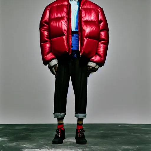 Image similar to realistic photoshooting for a new balenciaga lookbook, color film photography, portrait of a blonde asian woman, model wearing a puffer jacket, photo in style of tyler mitchell, 3 5 mm,