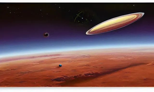 Prompt: a realistic painting of a spaceship in the orbit of mars by john jude palencar