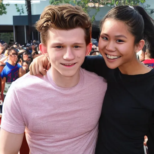 Image similar to Tom Holland with his arm around a Filipina college girl at Chapman University