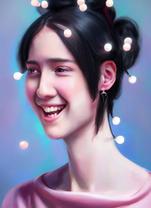 Image similar to portrait of high school girl, realistic, black hair, bangs, half updo hairstyle, pointy nose, skinny, smile, ugly, defined jawline, big chin, pink hair bow, earrings, intricate, elegant, glowing lights, highly detailed, digital painting, artstation, sharp focus, illustration, art by wlop, mars ravelo and greg rutkowski