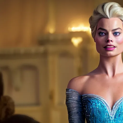 Image similar to Margot Robbie as Elsa in disney frozen live action, 8k full HD photo, cinematic lighting, anatomically correct, oscar award winning, action filled, correct eye placement,