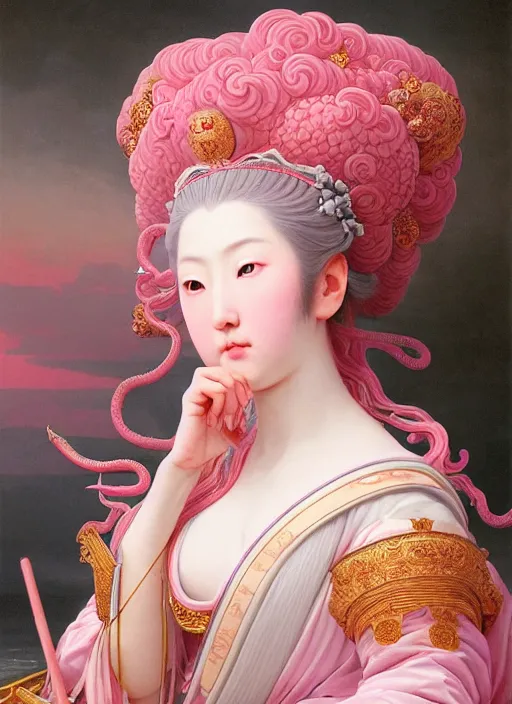 Prompt: stunning japanese godess princess, detailed pink and white of tentacles head peace against a black backdrop by ivan aivazovsky, 3 / 4 view portrait, wlop, super sharp details, photorealism, canon 5 d, 5 0 mm lens, stunning photoshot, beautiful soft lighting, muted colours, artstation