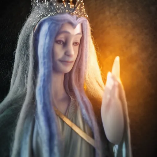 Prompt: needle felt action shot of galadriel saying i would be queen, lotr, head and shoulders, stone background, dramatic lighting, spooky, dslr, tilt shift, extremely textured, realistic hyper detailed, background grotto