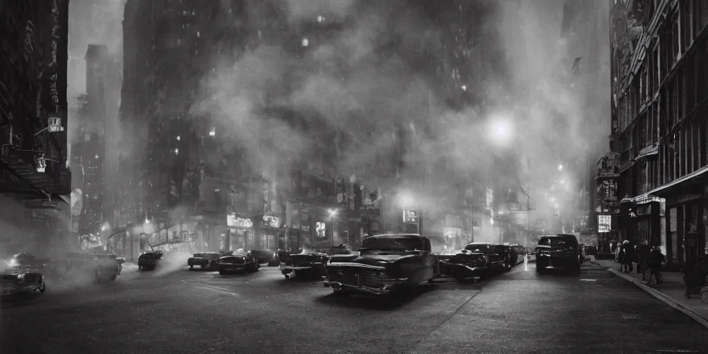 Prompt: a high resolution photo of a new york street at night surrounded with smoke and cars with bright headlights by robert capa, realistic photo, leica, cinematic lighting, magnum award winning photograph, parallax photography,