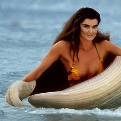 Image similar to Brooke Shields as Aphrodite climbing out of a giant open clam.