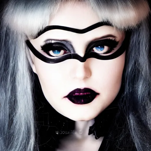 Prompt: modeling photograph kerli koiv as blind mag from genetic opera, blonde, beautiful, dark, mysterious, bubble goth, detailed symmetrical face, half body shot, fog dramatic, teen