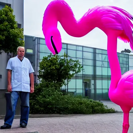 Image similar to swedish medical professor standing in front of hospital entrance with 10 pink flamingo walking by