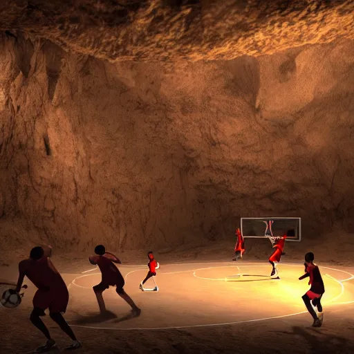 Image similar to high resolution unreal engine render of cavemen playing basketball inside cave at night, cave lit by torch light, stalagmites