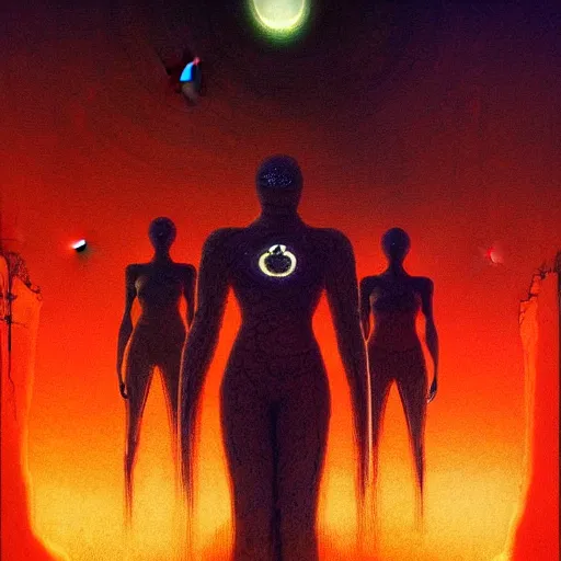 Prompt: the fantastic four by beksinski and tristan eaton, dark neon trimmed beautiful dystopian digital art