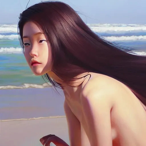 Image similar to oil painting by ilya kuvshinov,, baugh casey, artgerm craig mullins, coby whitmore, of a youthful japanese girl, long hair, fully clothed at the beach, highly detailed, breathtaking face, studio photography, noon, intense bounced light, water reflection, large tree casting shadow, serine intense sunlight in the style of zack snyder