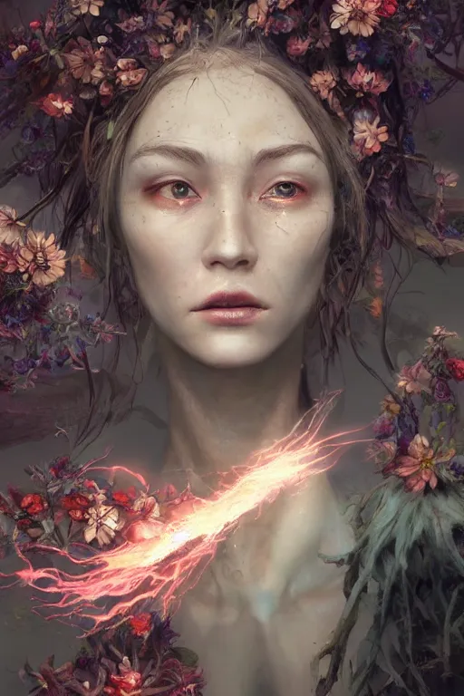 Prompt: face closeup of beautiful girl necromancer, witch - doctor exploding into flowers, angels, 3 d render, hyper - realistic detailed portrait, holding fire and electricity, forest, wings, leaves and magic, ruan jia, wlop. scifi, fantasy, magic the gathering, hyper detailed, octane render, concept art, peter mohrbacher