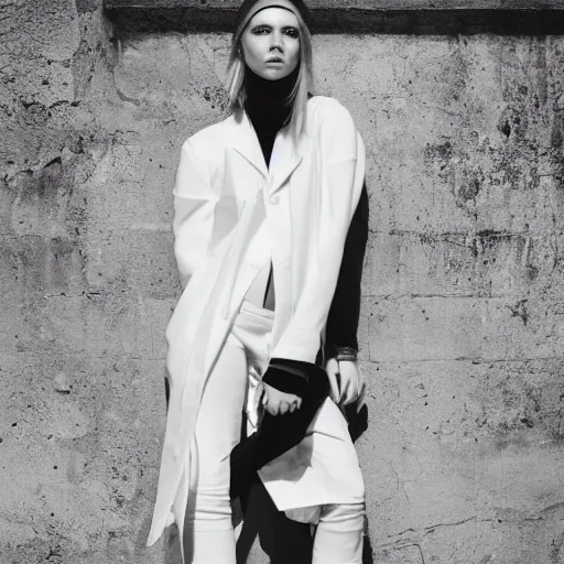 Prompt: vogue fashion photography of model wearing streetwear fashion white clothing, inside berghain, futuristic fashion, photo 3 5 mm leica, hyperdetail, 8 k, very detailed