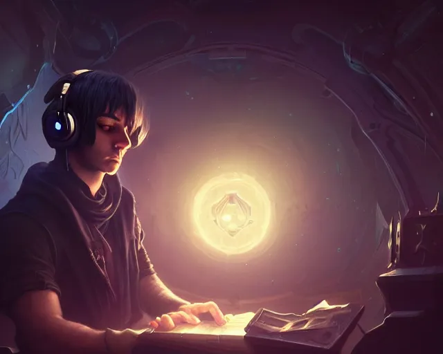 Image similar to a 4 k cinematic screenshot still portrait of a emo in a dark luminal space room listening to music wearing headphones, deep focus, d & d, fantasy, intricate, elegant, highly detailed, digital painting, artstation, concept art, matte, sharp focus, illustration, dark fantasy style art, hearthstone, art by artgerm and greg rutkowski and alphonse mucha