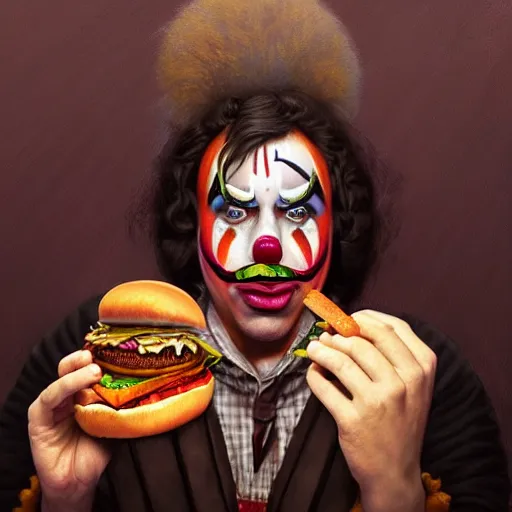 Prompt: portrait of a joe rogan in clown makeup eating a hamburger, extra onions and ketchup, luscious patty with sesame seeds,, handsome, d & d, fantasy, intricate, elegant, highly detailed, digital painting, artstation, concept art, matte, sharp focus, illustration, art by artgerm and greg rutkowski and alphonse mucha