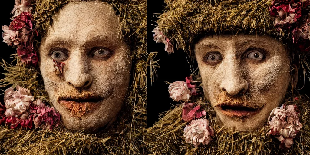 Image similar to portrait of a tyrolean folklore mask, wearing hay coat, with horns, eerie, flowers growing out of his body, detailed intricate insanely detailed octane render, 8k artistic 1920s photography, photorealistic, chiaroscuro, by David Cronenberg, Raphael, Caravaggio