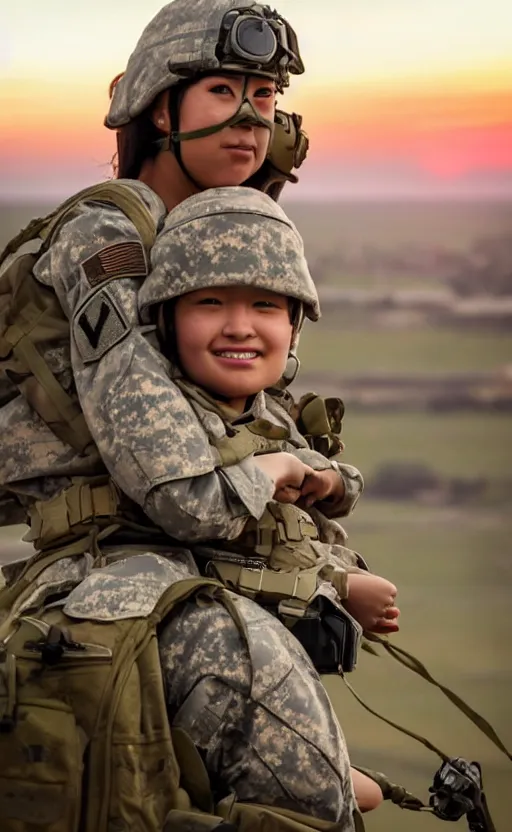 Image similar to female soldier carrying a small girl on the shoulder into a transport helicopter for the extraction, highly detailed, high resolution, war footage, stunning, real world, real sunset, in the middle of the battlefield, girls frontline style, bokeh soft, 100mm, trending on instagram, by professional photographer, realistic human anatomy, realistic military carrier, soldier clothing, modern warfare, realistic guns