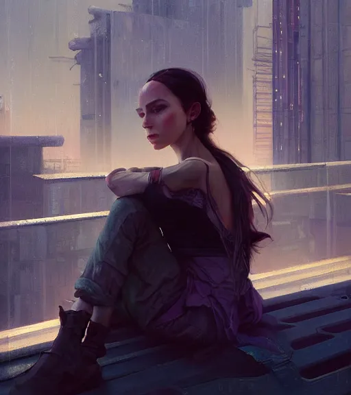 Image similar to girl sitting on a rooftop, cyberpunk, medium shot, realistic detailed face, by charlie bowater, by wlop, by jeremy lipking, expressive oil painting, portrait, digital art, photorealistic model shoot