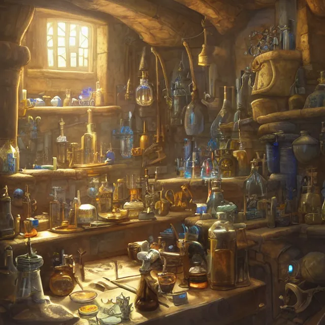 Prompt: a digital painting of a cluttered fantasy medieval alchemist's laboratory by justin gerard, paul bonner, highly detailed, volumetric lighting, digital art, artstation hd