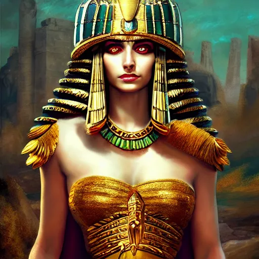 Image similar to Cleopatra on her throne, beautiful eyes, full body, fantasy, beautiful face, medieval, vivid colors, elegant, concept art, sharp focus, digital art, Hyper-realistic, 4K, Unreal Engine, Highly Detailed, HD, Dramatic Lighting by Brom, trending on Artstation