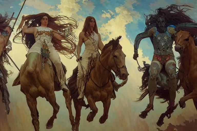 Prompt: the four horsemen of the apocalypse, painting by greg rutkowski and alphonse mucha