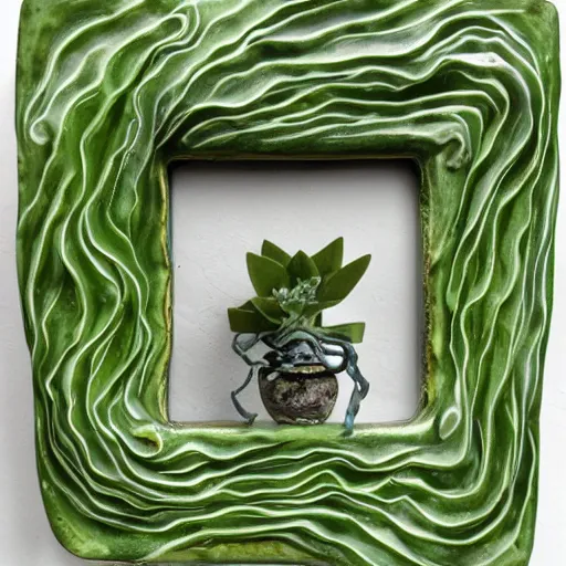 Image similar to a ceramic sculpture of some kind of plant in a glazed surreal abstract hand-crafted frame with imperfections with a white wall behind it and swirling green plants in the center by cleo sjolander