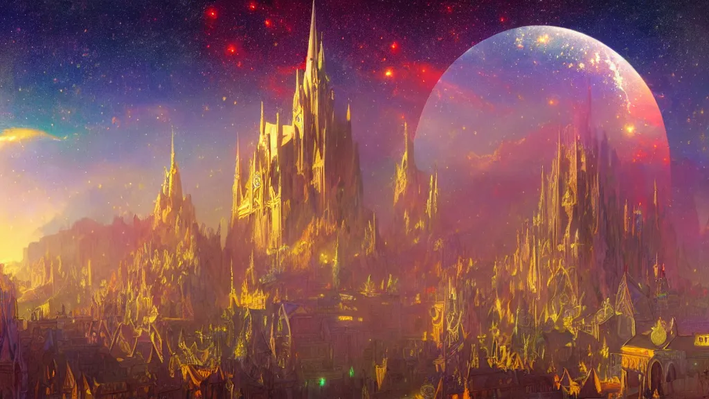 Image similar to a beautiful highly detailed matte painting of colorful castle nebulas by moebius, alphonse mucha, stars in the background, close - up, highly detailed, intricate design, 8 k resolution, octane render, trending on artstation and cgsociety