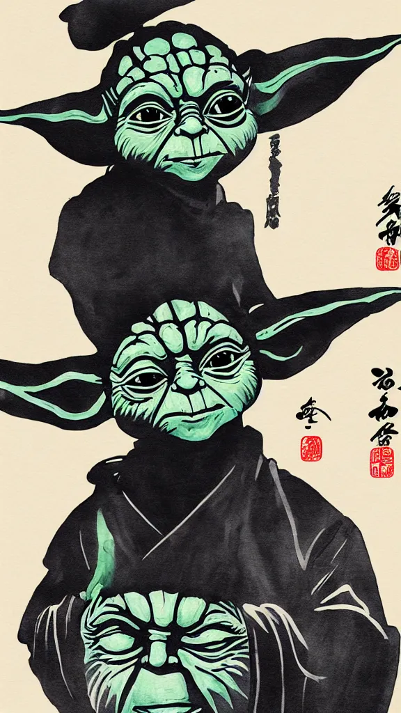 Prompt: a portrait of yoda as japanese ink calligraphy. color harmony, 8 k detail, gallery quality, hd wallpaper, premium prints available, hyper - detailed, intricate design.