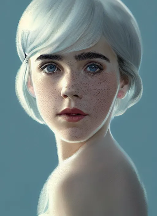 Image similar to portrait of kiernan shipka with freckles, white hair, 1 9 6 0 s bob hairstyle with bangs and hairband, intricate, elegant, glowing lights, highly detailed, digital painting, artstation, concept art, smooth, sharp focus, illustration, art by wlop, mars ravelo and greg rutkowski