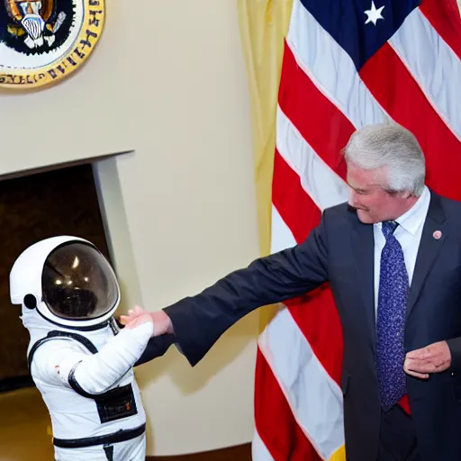 Image similar to cat astronaut shakes the hands with president