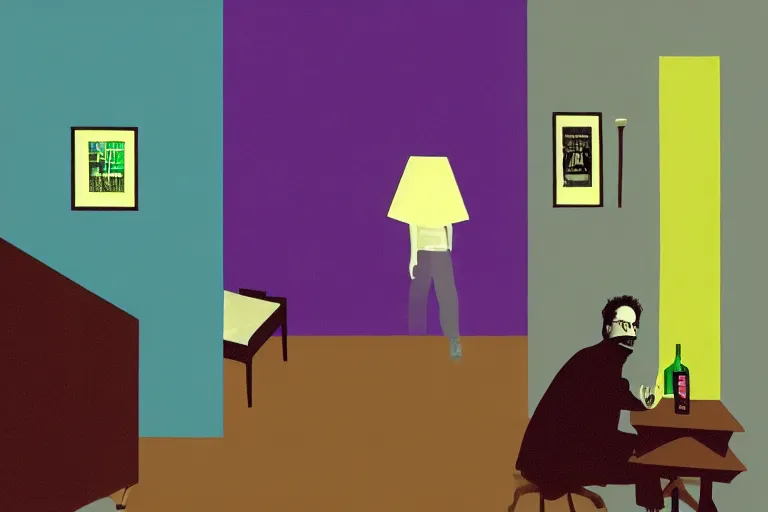 Image similar to old israeli apartment, todd solondz drinking alone, smoking, vaporwave colors, state of melancholy, romantic, dimmed lights, painting by francis bscon