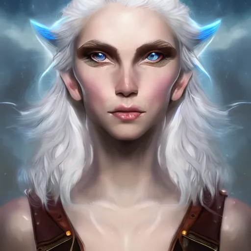 Image similar to fantasy portrait of a female human adventurer with white skin, white hair, white eyes without pupils, slightly - pointed ears, short wavy hair, eyebrow scar, trending on artstation, ethereal, gentle smile, friendly, glowing, angled