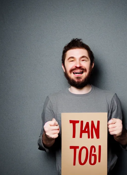 Prompt: thanks tobi sign held by man, madly grinning towards the camera, studio light