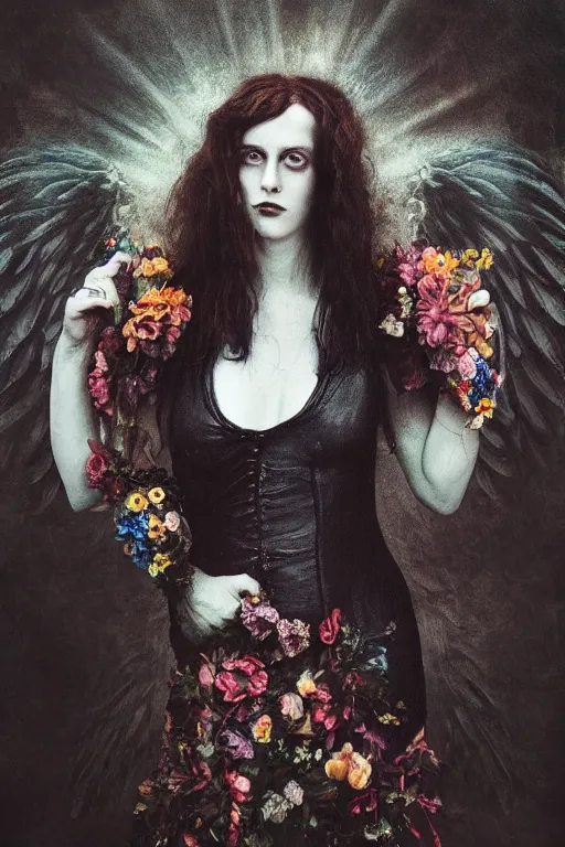 Image similar to pre-raphaelite punk rock dark rainbow noir angel painting, floral detail, smoky eyes, photo by Annie Leibovitz, Anton Fadeev