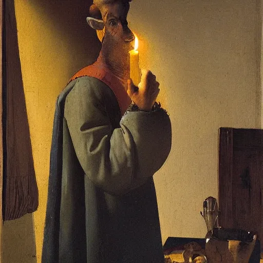 Image similar to Painting of a human with a horses head wearing peasant clothing, holding a lit candle in the dimly lit room, by Johannes Vermeer