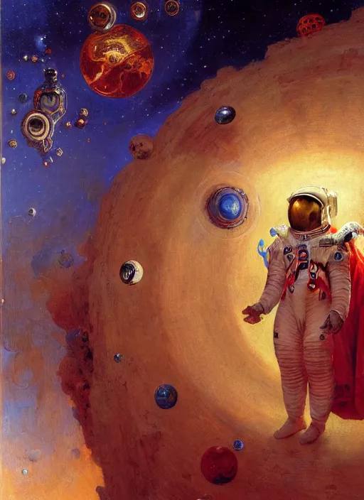 Prompt: an astronaut staring at the nine spheres of heaven from dante's divine comedy with lots of colours. highly detailed painting by gaston bussiere, craig mullins, j. c. leyendecker 8 k