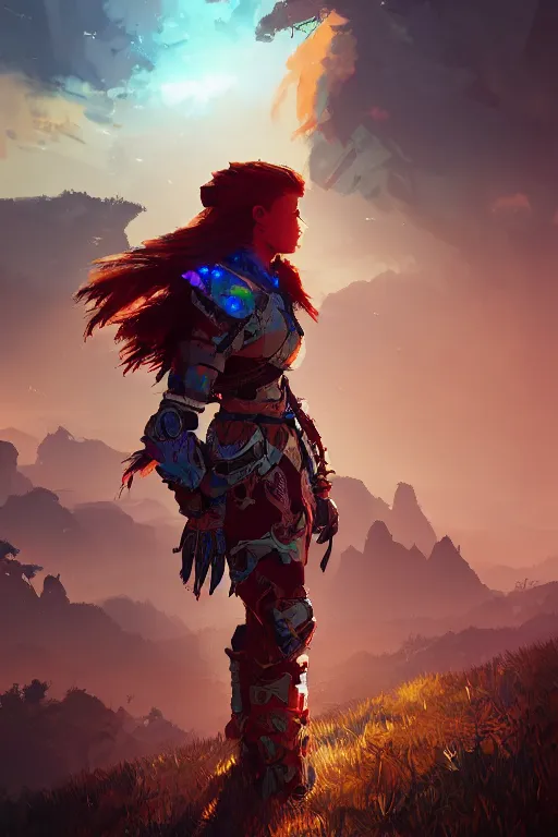 Image similar to combination suit armor aloy horizon forbidden west horizon zero dawn radiating a glowing aura global illumination ray tracing hdr fanart arstation by ian pesty and alena aenami artworks in 4 k tribal robot ninja mask helmet backpack