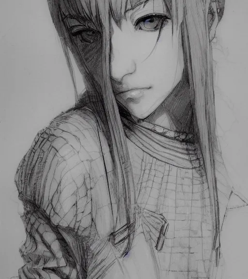 Image similar to portrait of anime girl wearing pajamas, pen and ink, intricate line drawings, by craig mullins, ruan jia, kentaro miura, greg rutkowski, loundraw