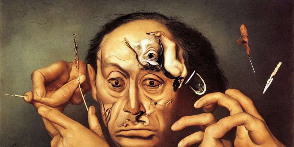 Image similar to a man removing a nail from the middle of his forehead where he has a third eye by dali