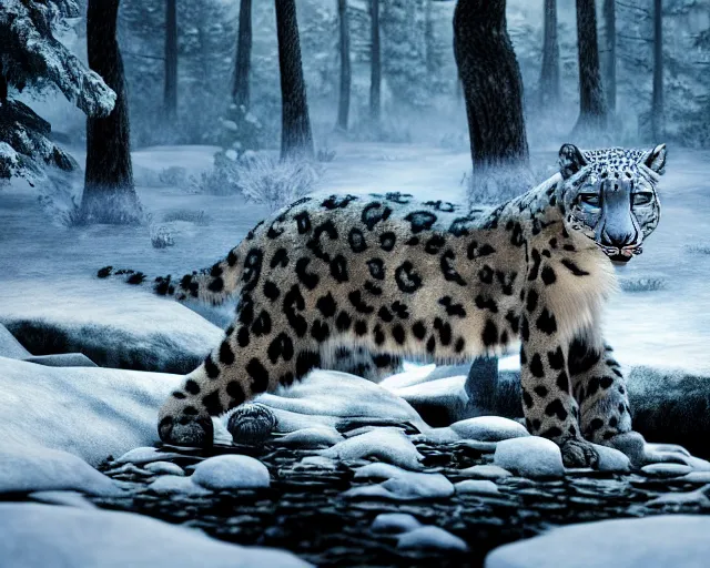 Prompt: a snow leopard standing on a riverbank in a snowy forest forest, natural lighting, very coherent, ultra realistic, concept art, intricate details, highly detailed, photorealistic, octane render, 8 k, unreal engine