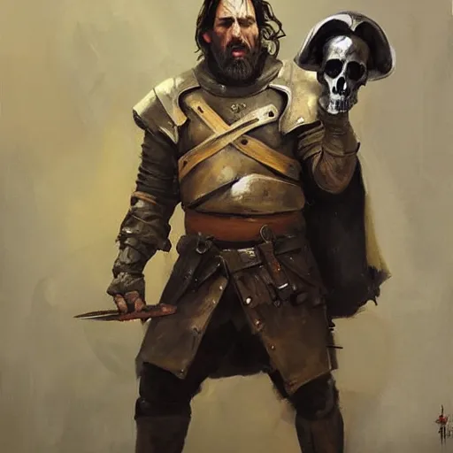 Prompt: greg manchess portrait painting of the hound from game of thrones holding a skull as overwatch character, medium shot, asymmetrical, profile picture, organic painting, foggy day, matte painting, bold shapes, hard edges, street art, trending on artstation, by huang guangjian and gil elvgren and sachin teng