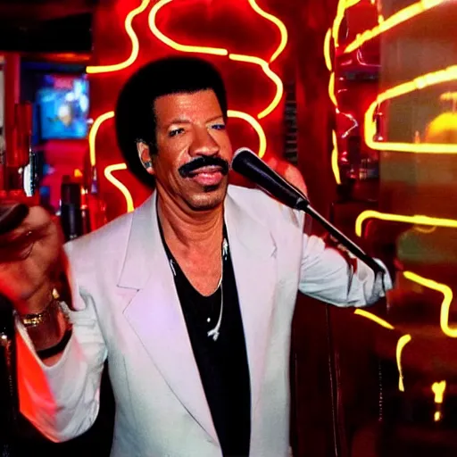 Prompt: Lionel Richie singing we are the world in a bar at night  in Tokyo,neon