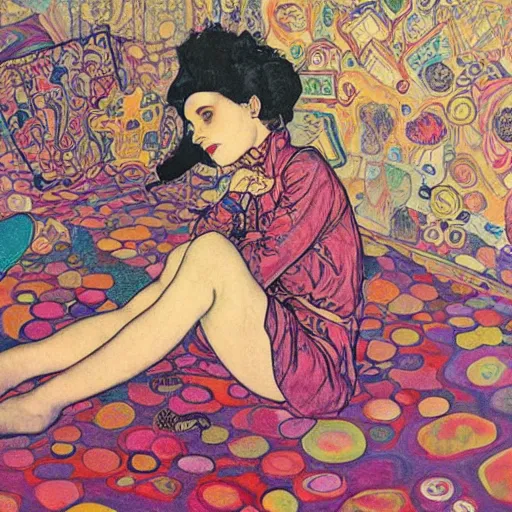 Image similar to rocker goth teen girl laying on the floor, writing on a journal. 1970s colorful psychedelic bedroom. Trippy. Mucha. Stylized. Egon schiele