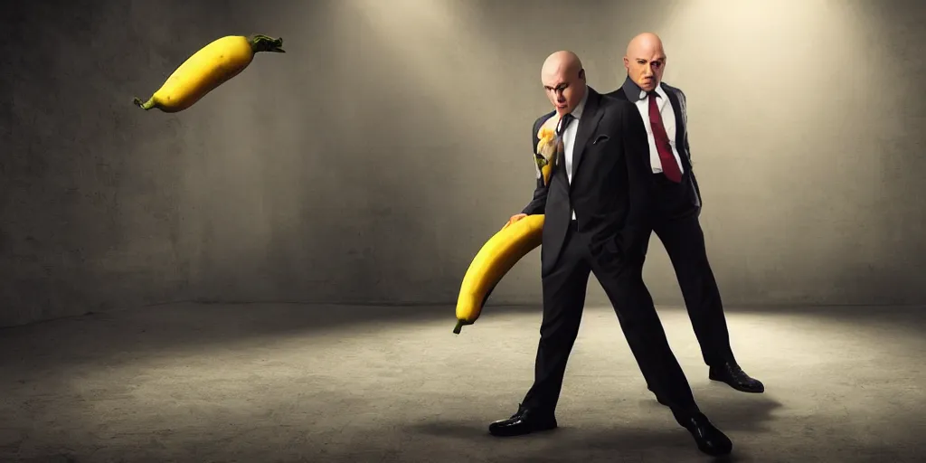 Image similar to agent 4 7 holding a banana, studio photo, award winning photography, dynamic lighting, hdr, stunning scenery, 8 k, incredible detail, beautiful