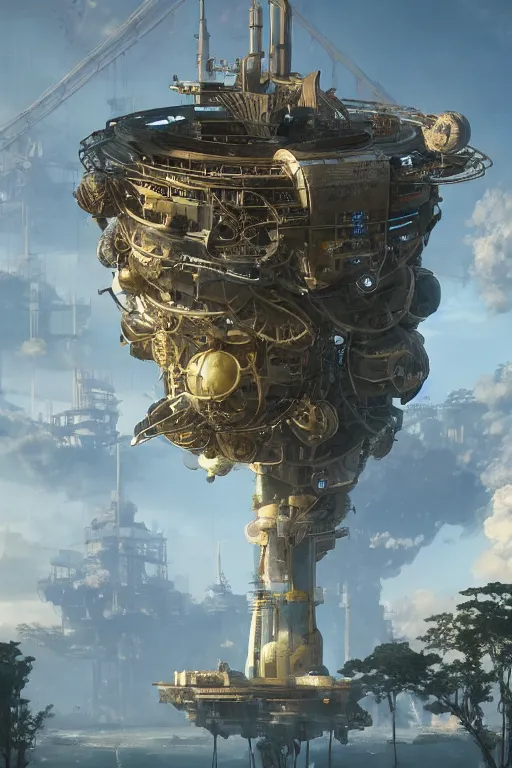 Image similar to Digital concept art, detailed s the giant detailed solarpunk computer by Hiromasa Ogura, highly Detailed digital concept art by Greg Rutkowski, Dimensional Cyan Gold Natural light, rendered in Octane Render