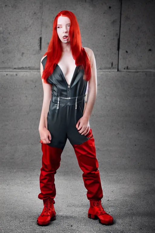 Image similar to portrait photo of a beautiful teenage girl in a futuristic jumpsuit. Red hair, freckles. In an industrial environment. Shallow depth of field. Strong keylight. Highly detailed.