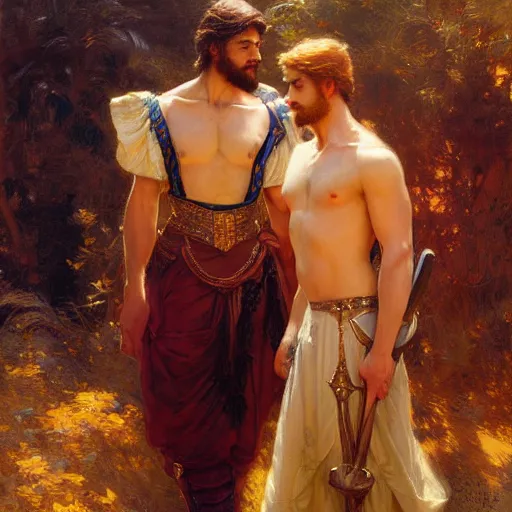 Image similar to attractive fully clothed king confesses his love for his attractive fully clothed male prince. highly detailed painting by gaston bussiere, craig mullins, j. c. leyendecker 8 k