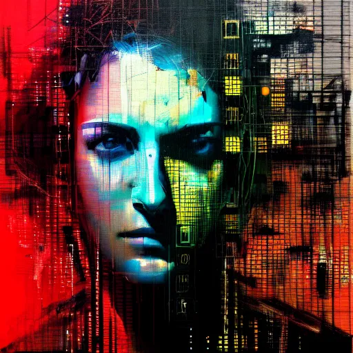 Prompt: hyperrealistic portrait of a cyberpunk hacker, digital ui, abstract blocks, by Guy Denning, Russ Mills, glitch art, hacking effects, glitch effects, digital tech effects, chromatic, color blocking!, oil on canvas, concept art, abstract