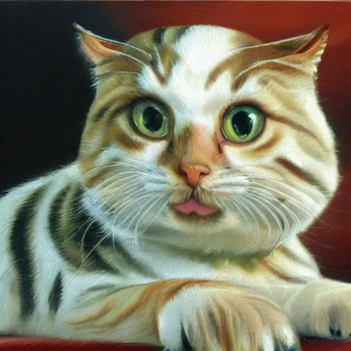 Prompt: oil painting of a small and floppy female tabby cat with white paws, mostly dark coat with black stripes, large, orange - green eyes, sweet, long tail, narrow face with long whiskers