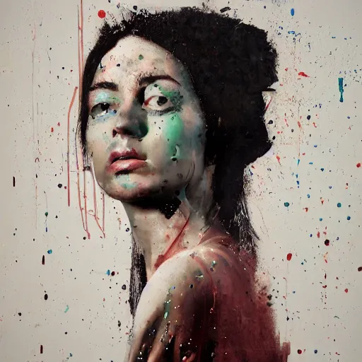 Prompt: portrait of a woman, paint spit on canvas, by lee ellis, highyl detailed, sharp, in focus, matte painting, mixed media