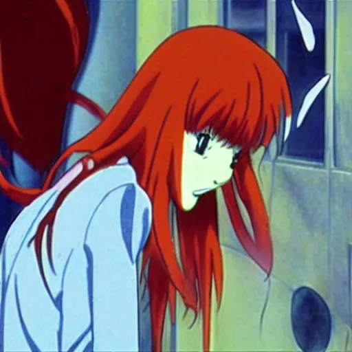 Prompt: asuka langley seething at a birthday party, anime screenshot, yoshiyuki sadamoto